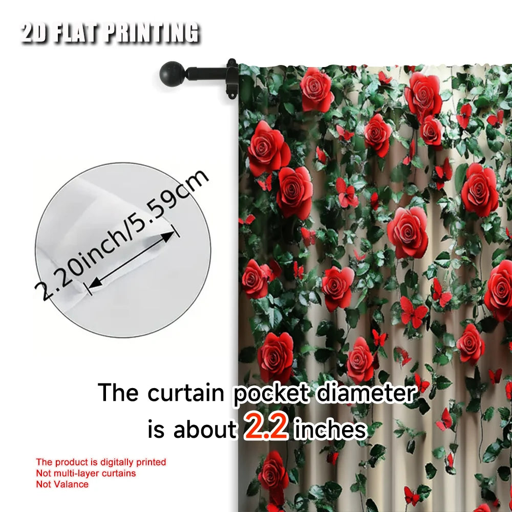 2Pcs 2D Flat Printed Rose & Butterfly Scene Curtains – Floral Polyester Panels, Machine Washable, No Electricity Required, Party or Room Decoration