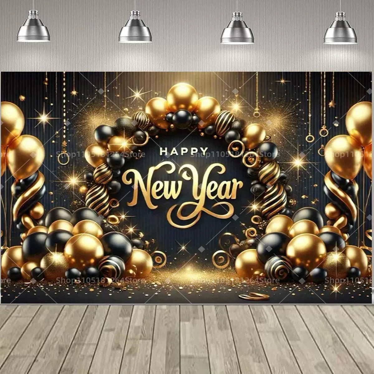 Black & Gold Happy New Year Party Decoration Banner – Festive Photo Backdrop for New Year & Holiday Celebrations