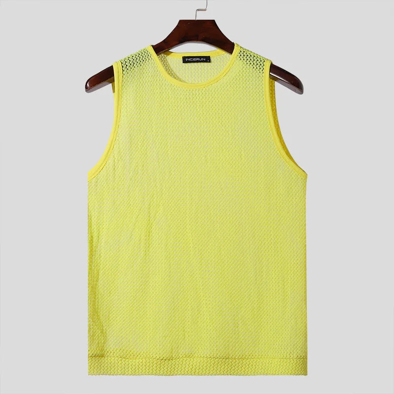INCERUN 2024 American Style Men's Solid Hollow O-neck Design Vests, Leisure Streetwear Sleeveless T-shirt Tank Tops (S-2XL)