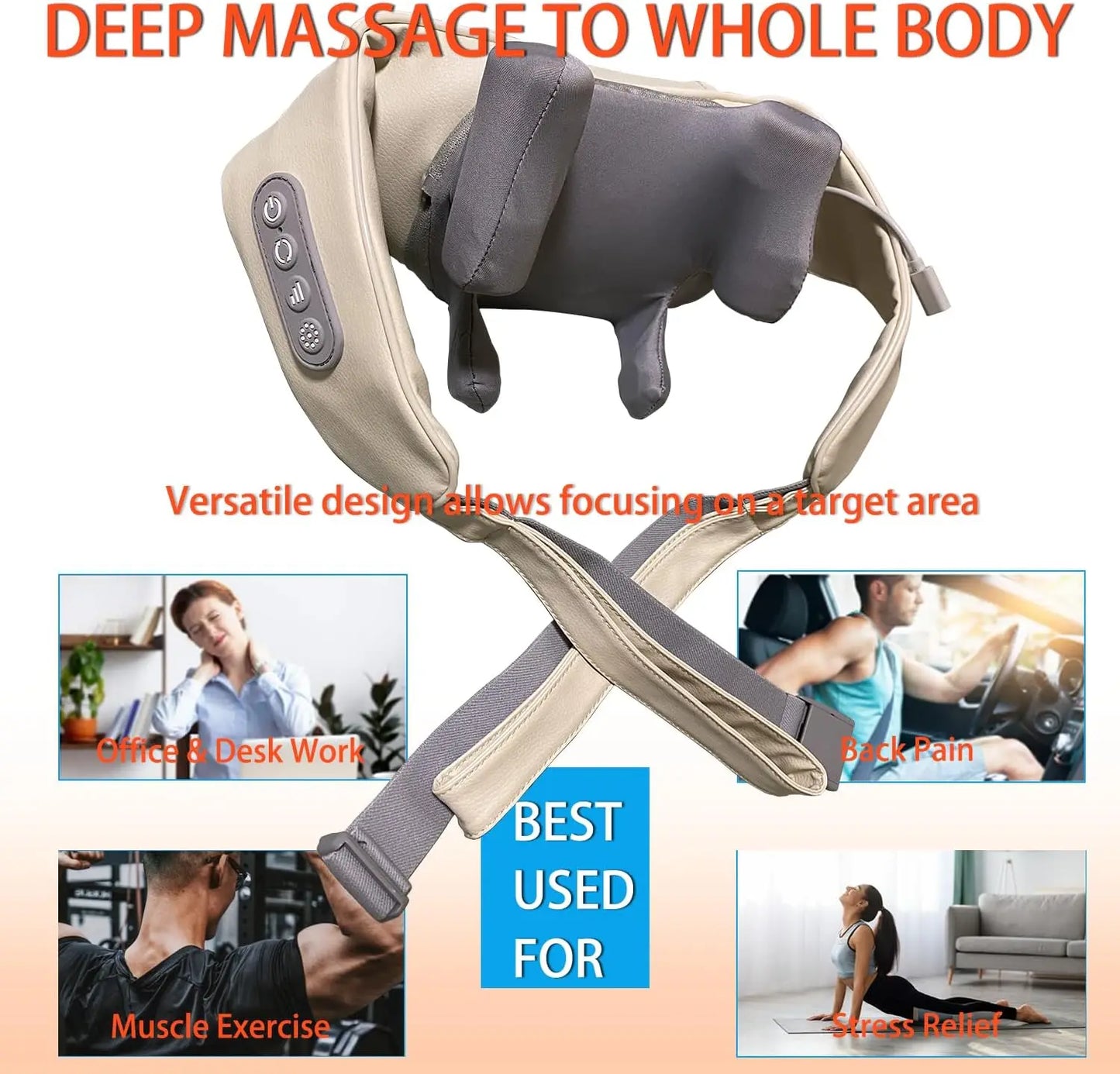 20W Wireless Neck & Shoulder Massager – Beige Kneading Massage Shawl for Back, Cervical & Trapezius