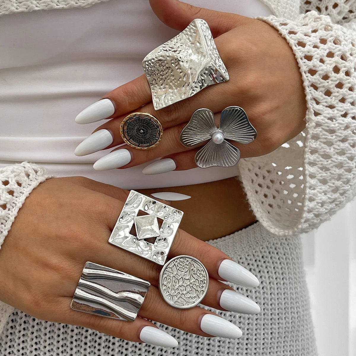 SHIXIN Creative Irregular Geometric Square Round Open Ring for Women Hip Hop Gold Color Adjustable Ring Finger Jewelry 2025 New