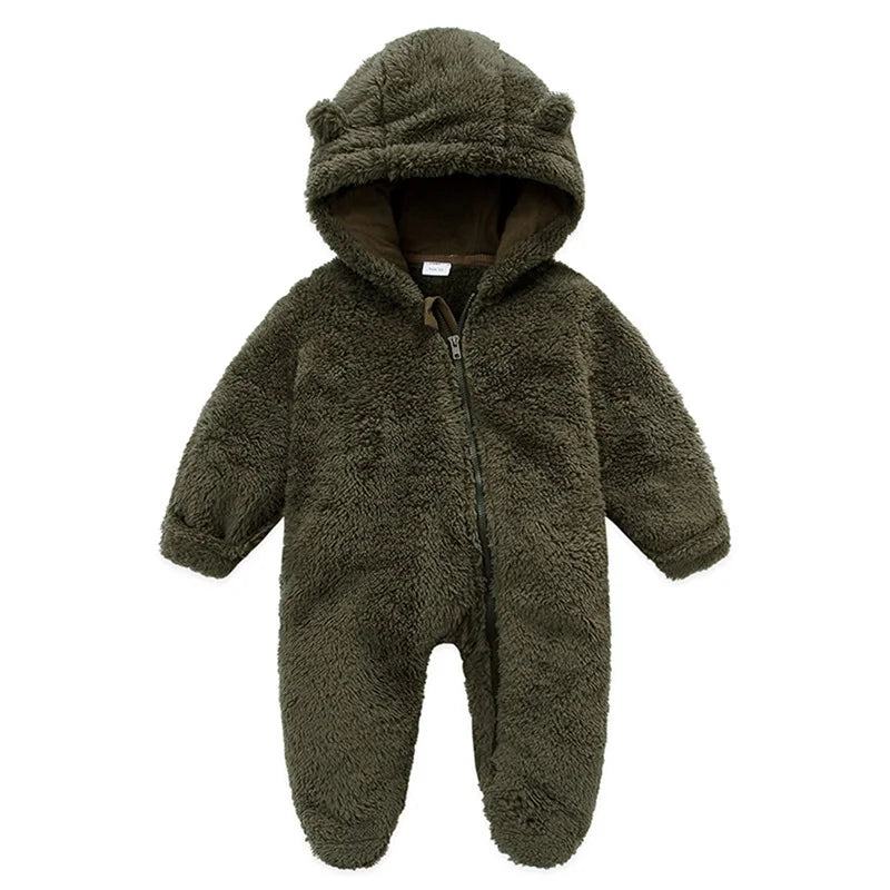Infant Hooded Winter Romper – Long Sleeve Zipper Jumpsuit for Babies (0–12 Months)
