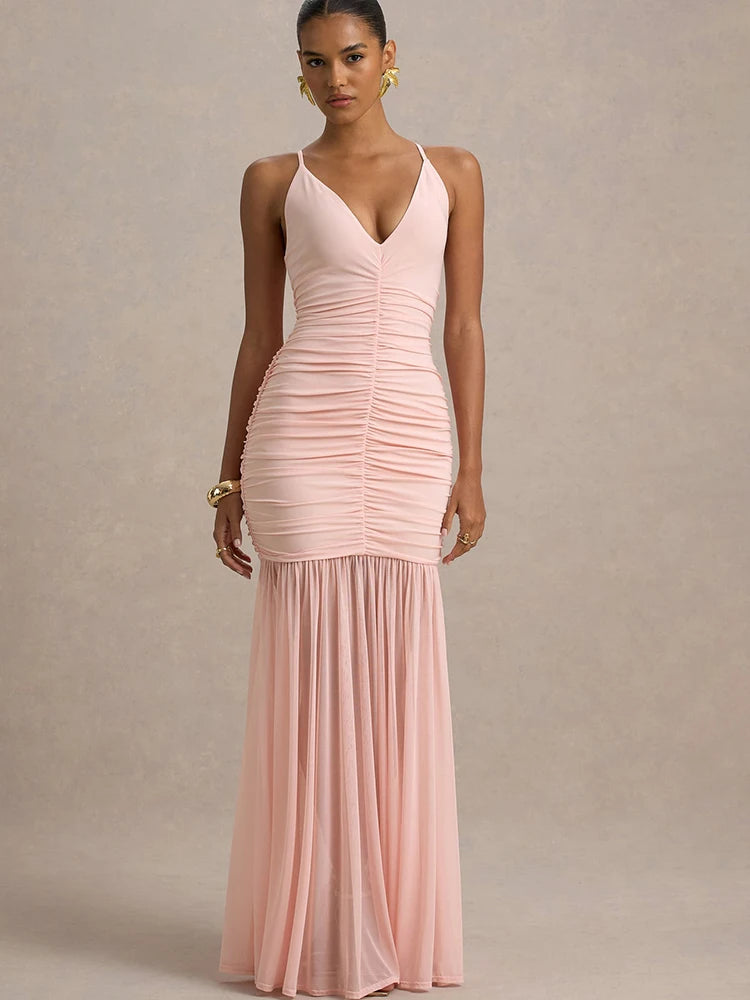 Women's Patchwork V-Neck Maxi Dress – Backless High-Waist Ruched Evening Gown