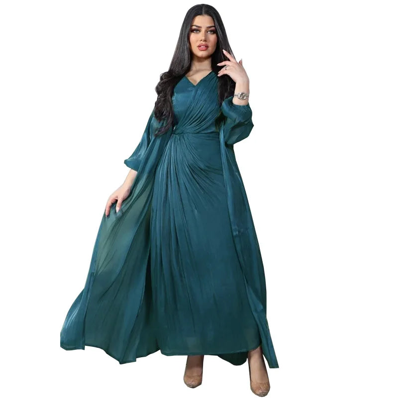 Moroccan women Party Dress Abaya 2 Piece Set Silky Satin Dubai Dresses Caftan Evening Long Robe Vestidos