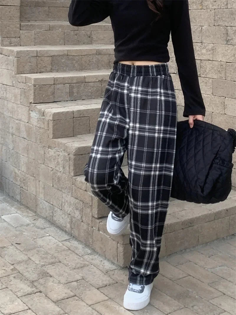 Fashion Warm Plush Pants Cashmere Thick Plaid Ladies Winter Casual Loose Wide-legged Pants Streetwear