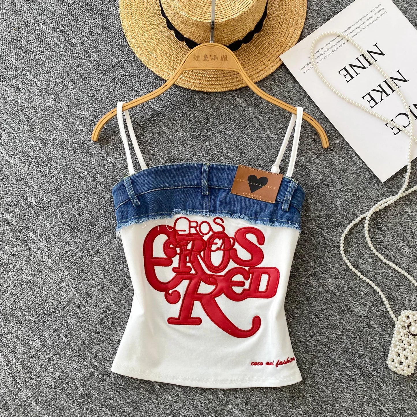 Vintage Vibes Y2K Denim Mix Letter-Embroidered Strap Crop Top for Women – Urban Chic Patchwork Slim Fit Street Style