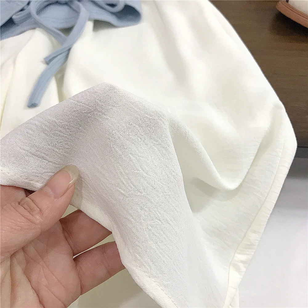 New Fashion Children Girls Two Pieces Set Backless T-Shirt Summer White Wide Leg Pants 2025 Solid Simple Blue Pleated