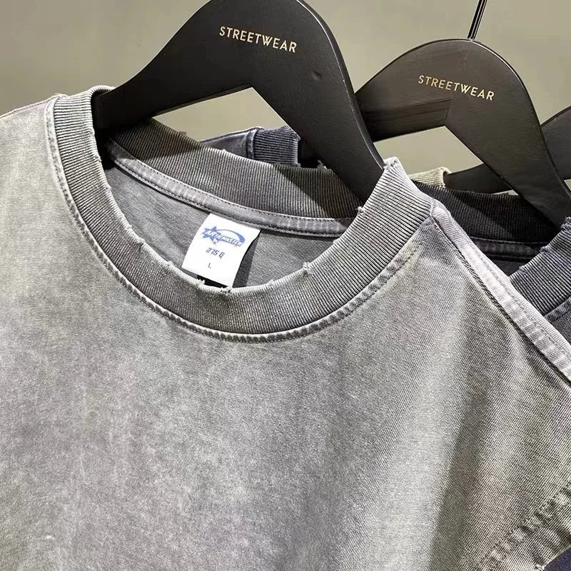 WASH vintage batik grinding edge Manly Vest Europe and the United States trend loose base T- shirts