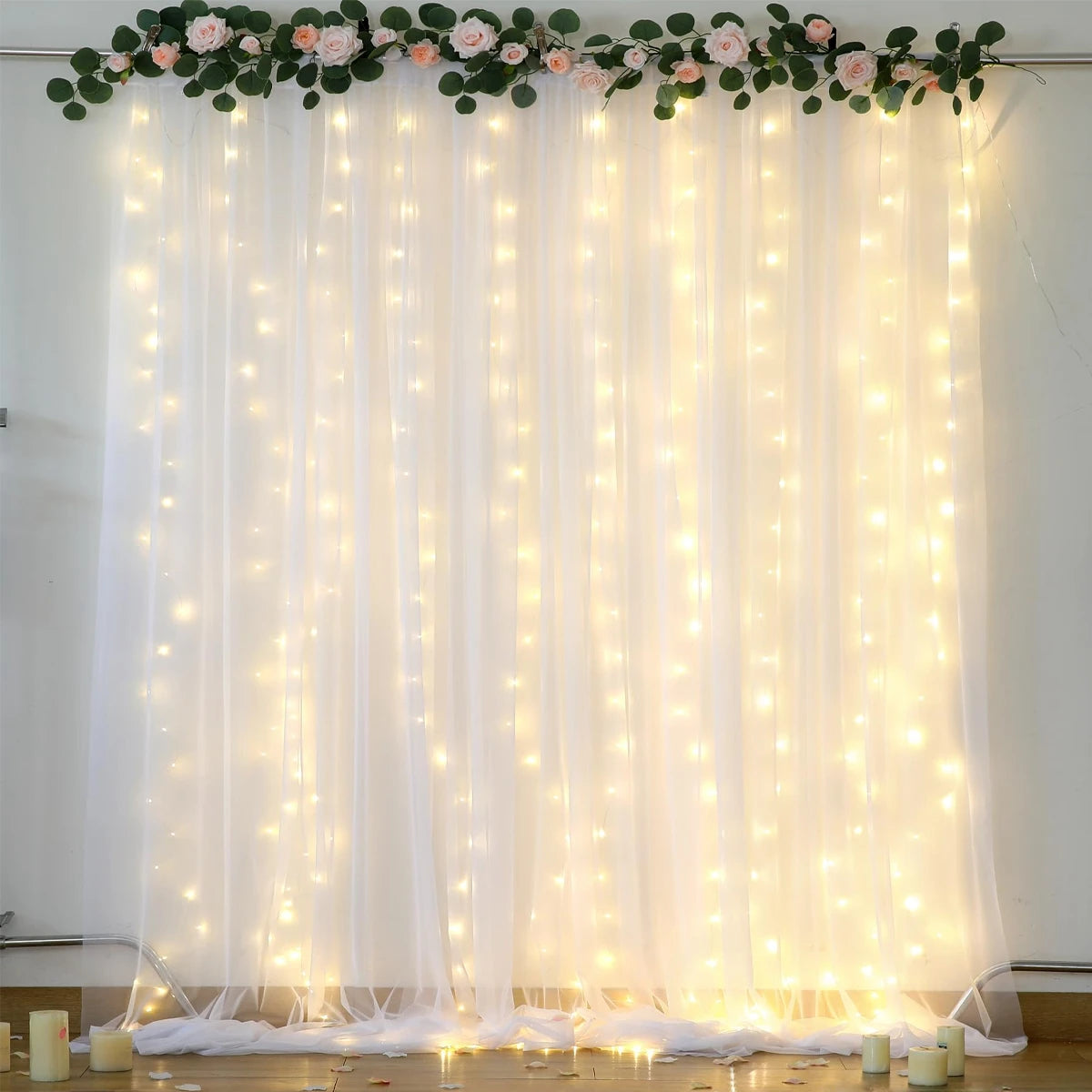 1 Set/2 Pieces Tulle Backdrop Curtains with Lights for Party Wedding Arch Baby Shower Birthday Party Photo Shoot Decorations