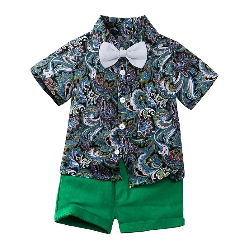 Baby Boys Summer Hawaiian Outfit – Infant & Toddler Gentleman Set with Floral Shirt, Bowtie & Shorts