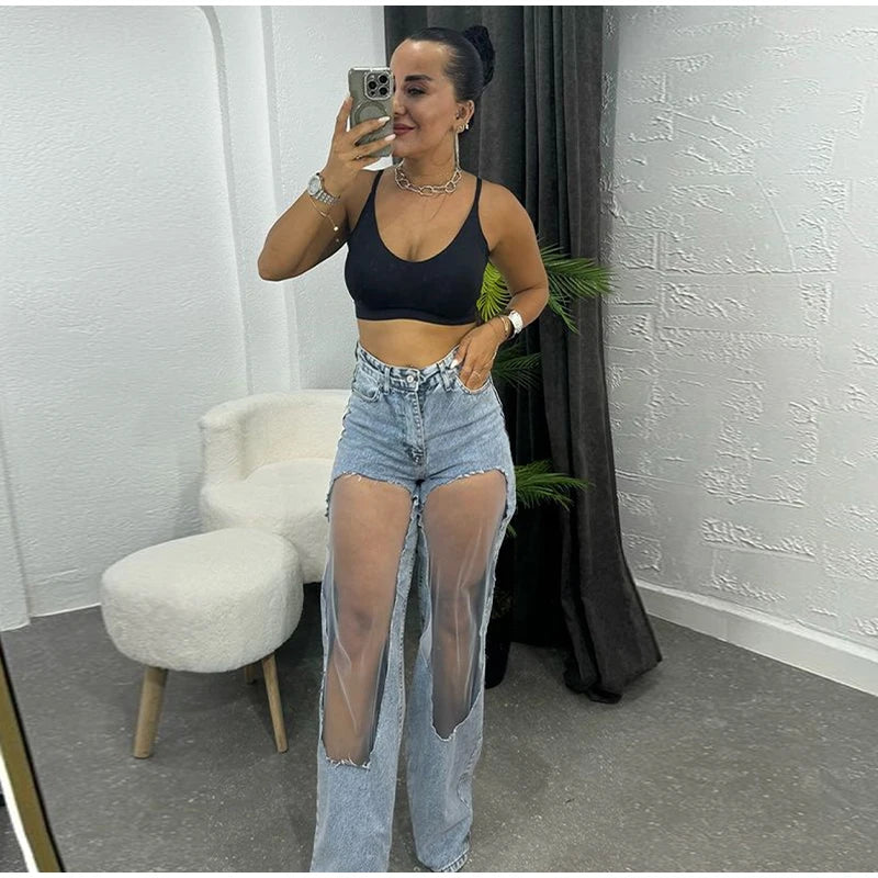 Women’s High-Waist Distressed Denim Jeans with Sheer Mesh Knee Panels – Trendy Streetwear Pants | Italian Street Style