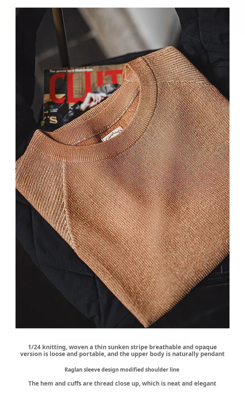 Maden New Vintage Orange Knitted Short Sleeve T-Shirt for Men – Summer Loose Fit Ribbed Crew Neck Tee, Breathable Casual Streetwear
