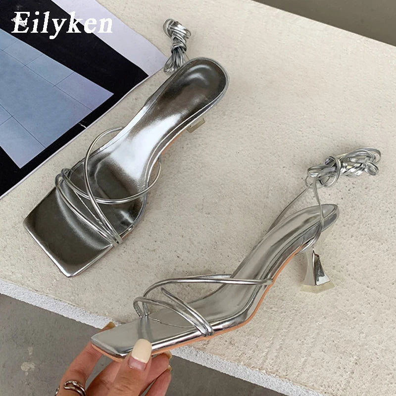 Eilyken Fashion Gold Silver white Sandals Thin Low Heel Lace Up Rome Summer Gladiator Women Casual Narrow Band Shoes