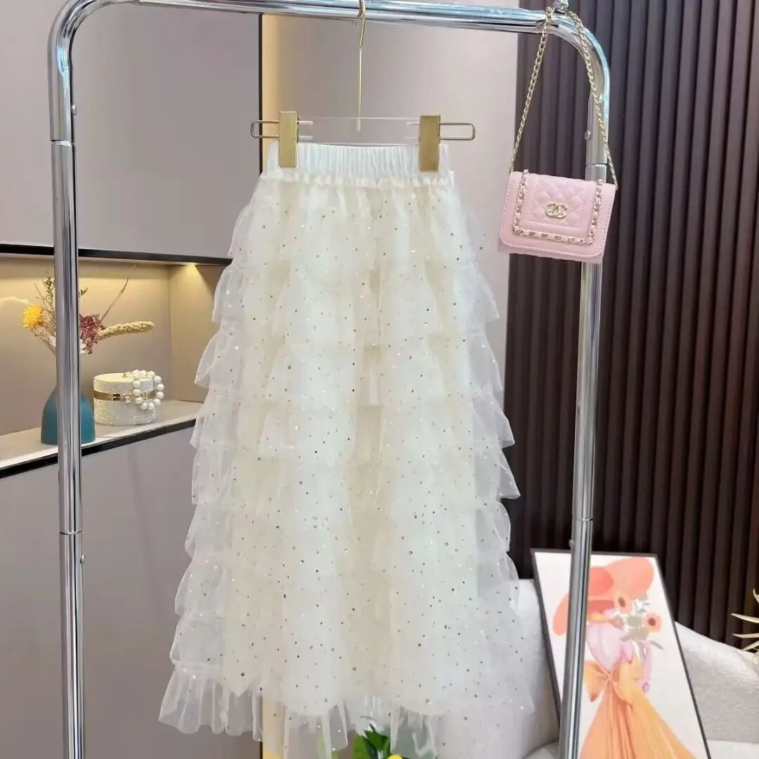 New Teenage Fashion Summer Sets, Baby Girls Ruffles Top+ Mesh Cake Skrits 4-12T