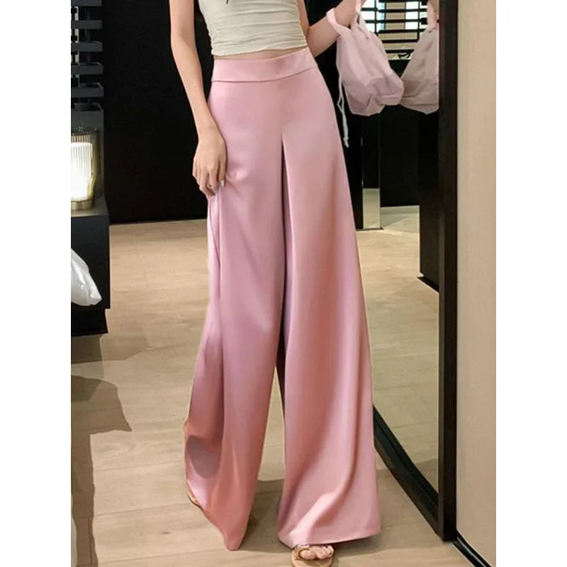 Women's High-Waisted White Satin Wide-Leg Pants – Elegant Floor-Length Spring/Summer Trousers