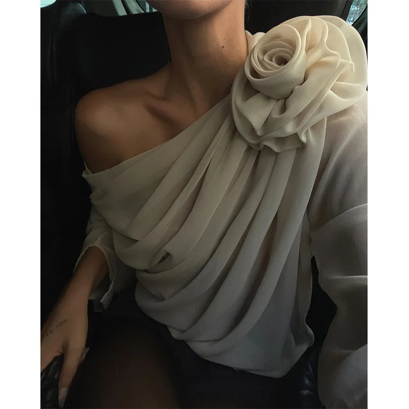 Women Chiffon Blouse Fashion OL One Shoulder Off Long Sleeve Blouse Female T Shirt