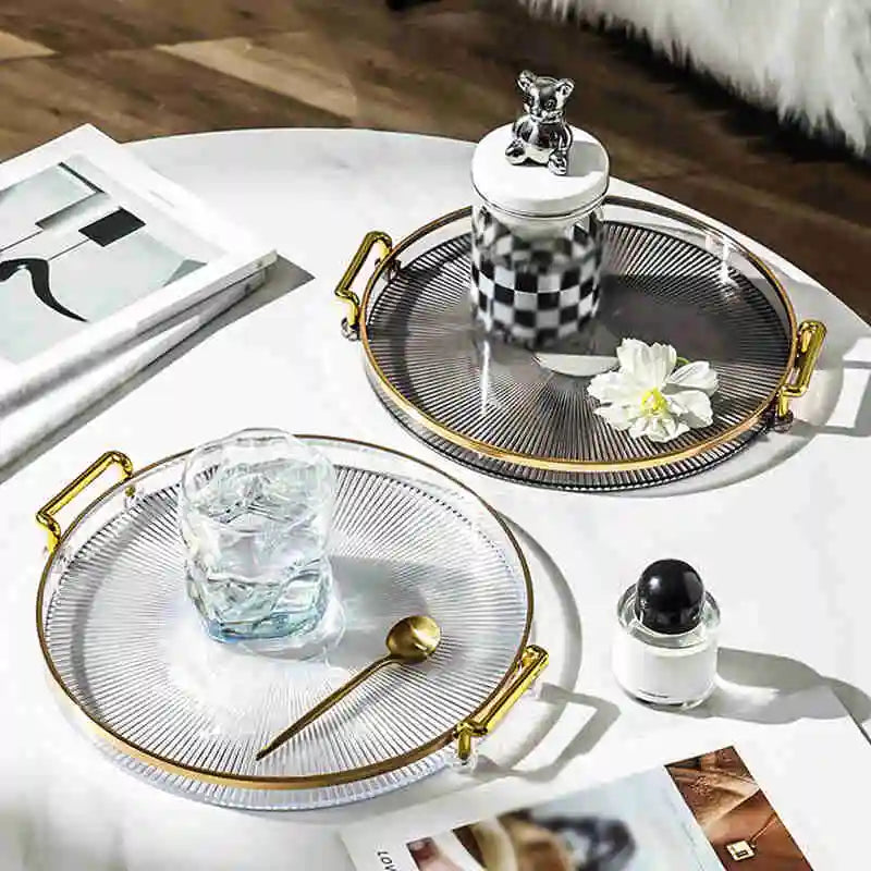 Tea Dessert Fruit Storage Tray Living Room Kitchen Dinner Plate with Golden Handle Household