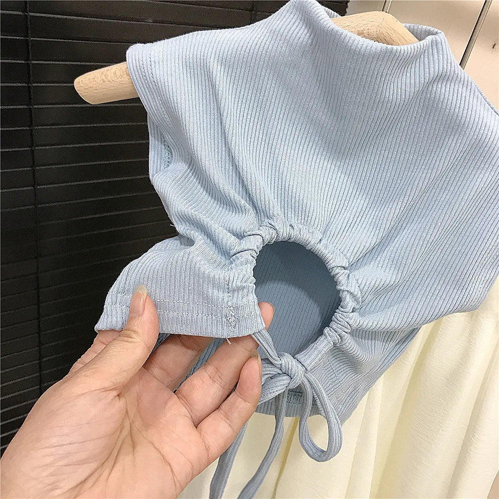 New Fashion Children Girls Two Pieces Set Backless T-Shirt Summer White Wide Leg Pants 2025 Solid Simple Blue Pleated