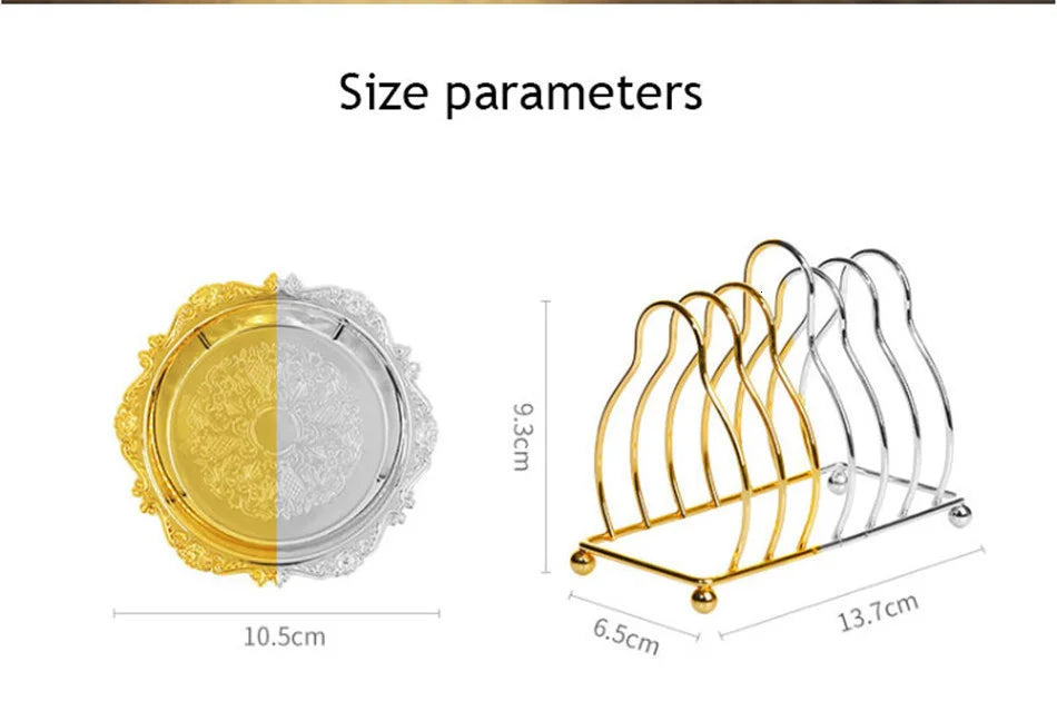 Vintage Golden Cocktail Coaster Metal Exquisite Cake Tray Set Silver Plated Mat Placemat Snack  Dishes Rack Set