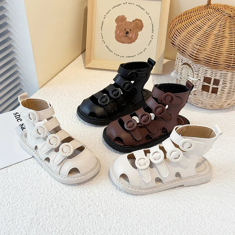 Kids High-Top Beach Shoes – Hollowed-Out Princess Sandals with Hook & Loop Strap | Trendy Summer Solid Color Children’s Sandals