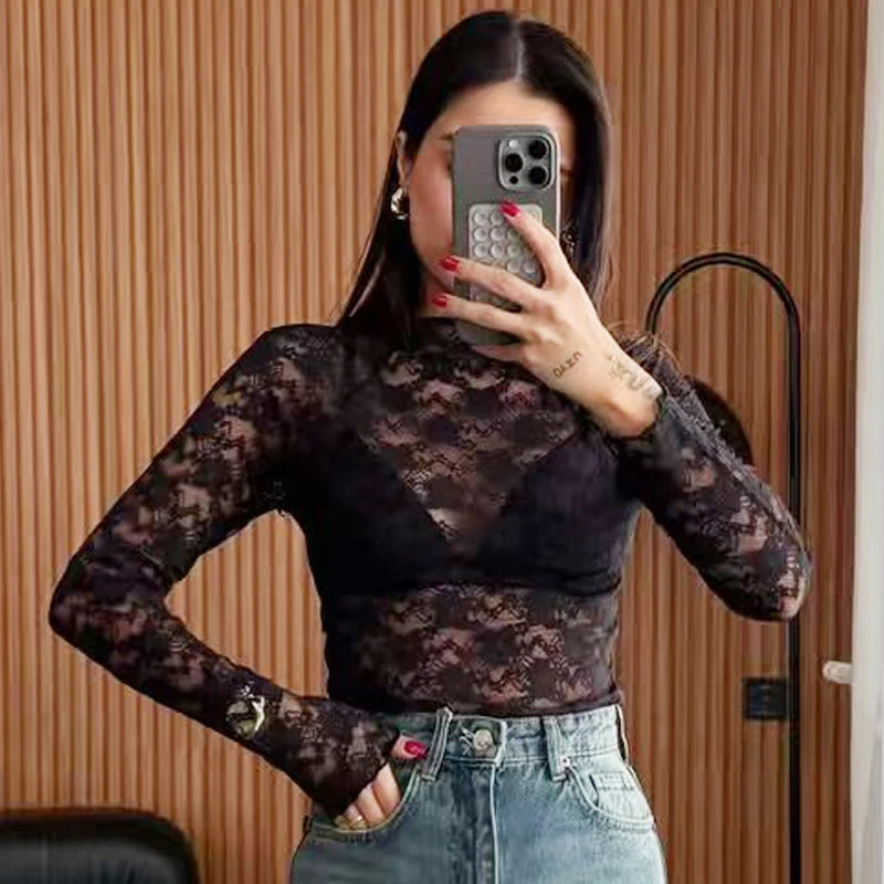 Women's Lace Bodysuit – Black Cutwork One-Piece, Long Sleeves, O-Neck, High-Stretch Fabric – Elegant Autumn Wear