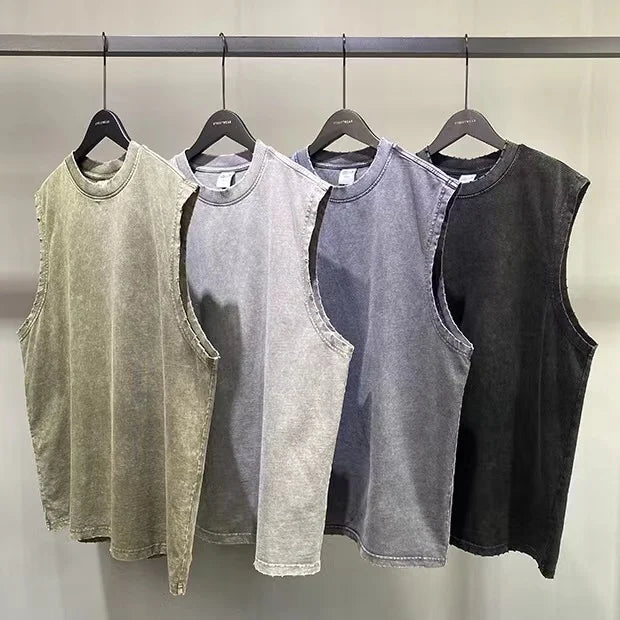 WASH vintage batik grinding edge Manly Vest Europe and the United States trend loose base T- shirts