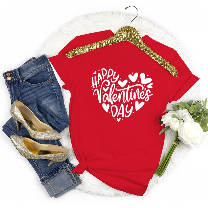 Happy Valentine's Day Crew Neck Short Sleeve T-shirt Women Heart Love Design Fashion Casual Tops Valentines Day Gifts T-shirts