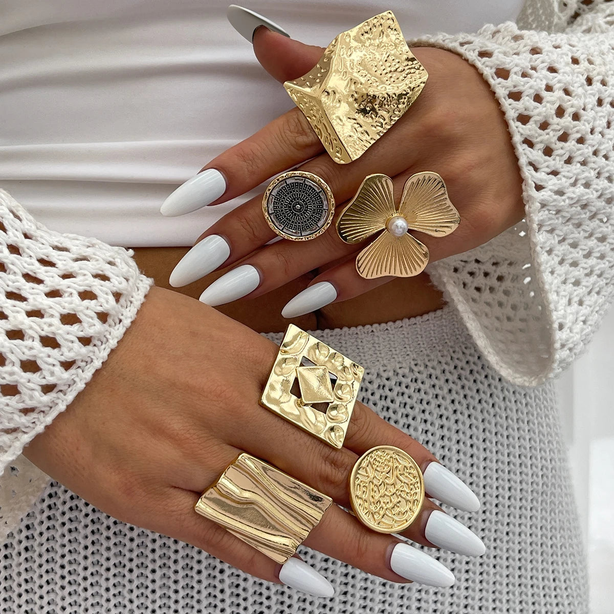 SHIXIN Creative Irregular Geometric Square Round Open Ring for Women Hip Hop Gold Color Adjustable Ring Finger Jewelry 2025 New