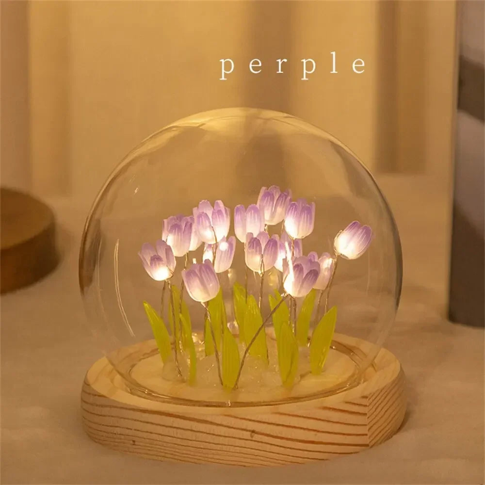 Handmade Artificial Tulip LED Night Light – DIY Transparent Cover Bedside Lamp | Home Decor & Ambient Lighting