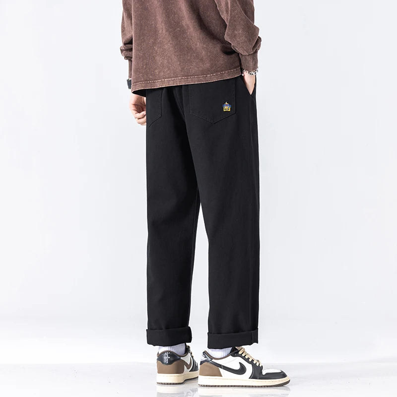 HIQOR Men's Casual Jogger Pants – Loose Straight-Leg Cotton Vintage Cargo Trousers, Solid Color Streetwear