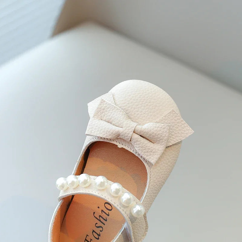 Baby Toddler Girls Party Shoes Leather Pearls Beaded with Butterfly-knot Kids Mary Janes PU Leather Soft Cute Flats