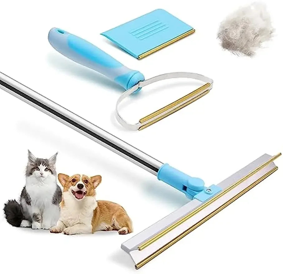 Pet Hair Remover Tool Set – Telescopic Handle Carpet Rake for Dog & Cat Fur, Rug and Upholstery Cleaner