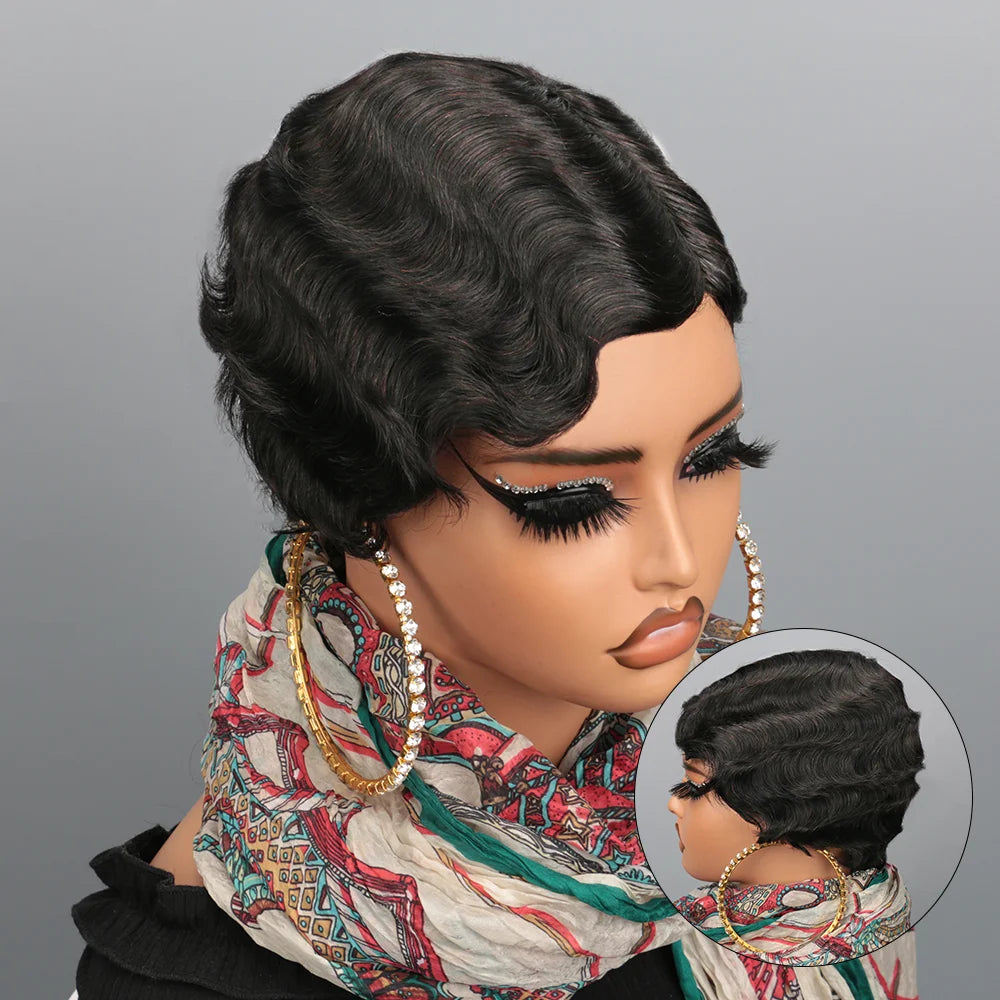 Short Finger Wave Human Hair Wig for Women – Brown Pixie Cut Ocean Wave Wig, Natural Color