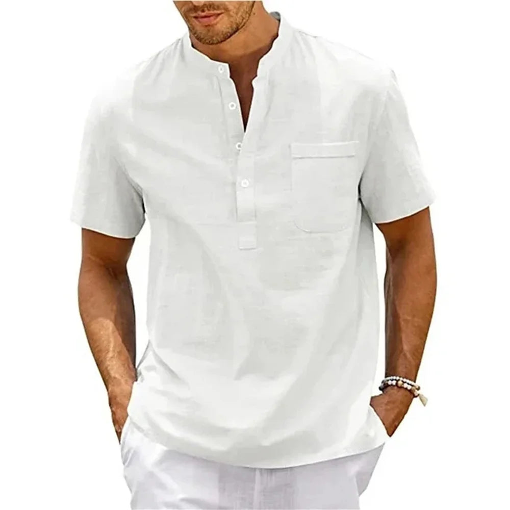 Men’s Cotton Linen Henley Shirt – Casual Short Sleeve Solid Color Beach Top with Pocket, Vintage Streetwear
