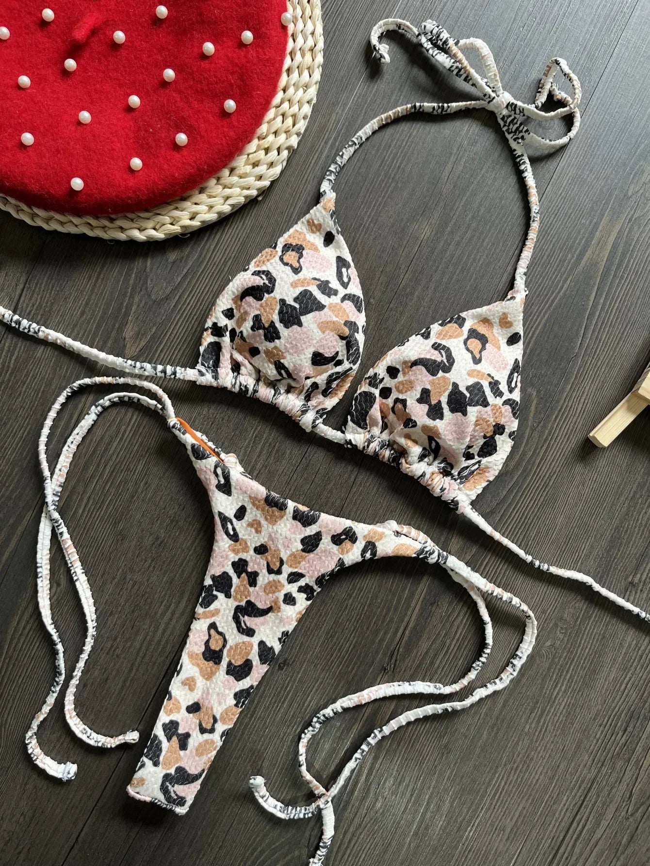 Women's Leopard Print Bikini Set – Two-Piece Swimsuit with Striped Thong Bottom – Summer Beachwear