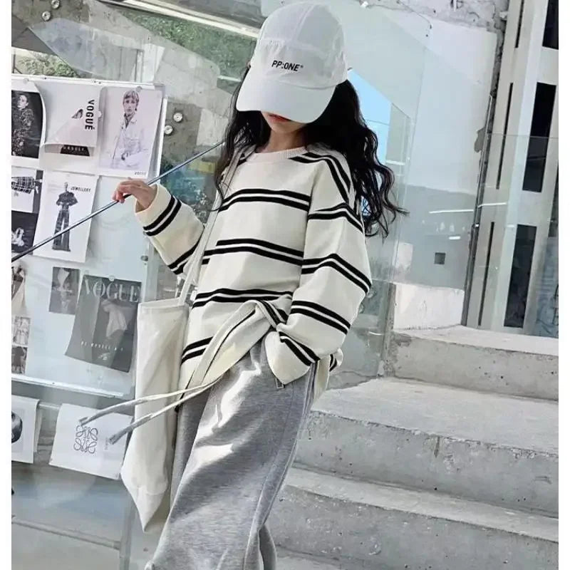 MINISO Simple Kids' Clothing Set for Girls - 2-Piece Outfit, Long Sleeve Striped Top + Loose Pants, for Teen Girls Ages 6-14