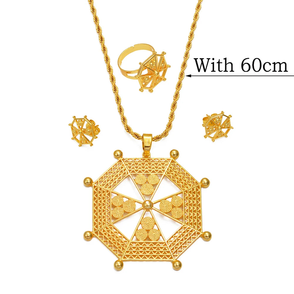 New Ethiopian & Eritrean Jewelry Set – African Ethnic Necklace, Earrings, and Ring for Women & Girls – Wedding or Party Gift