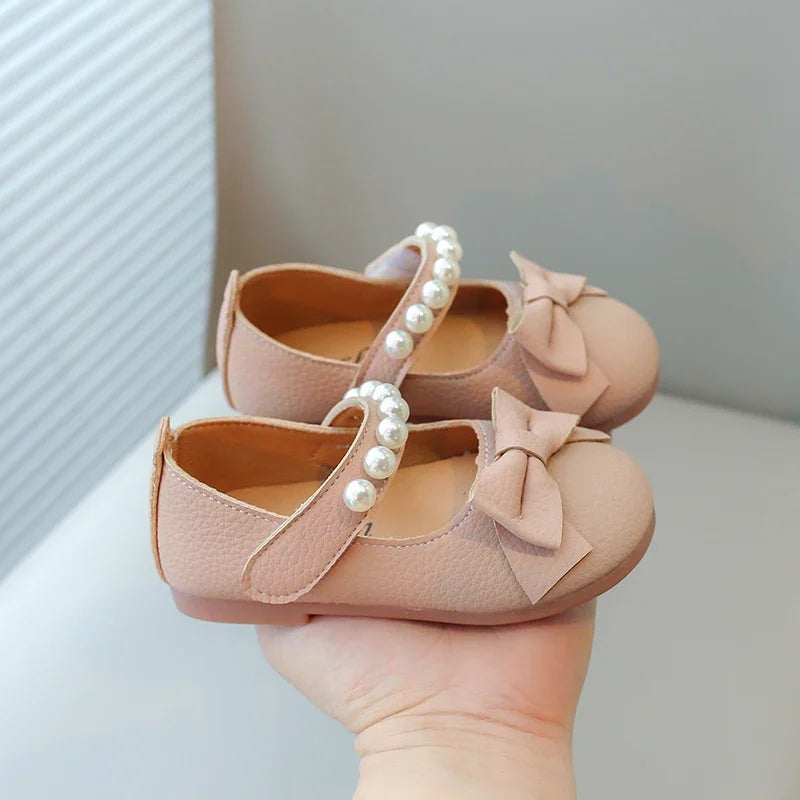 Baby Toddler Girls Party Shoes Leather Pearls Beaded with Butterfly-knot Kids Mary Janes PU Leather Soft Cute Flats