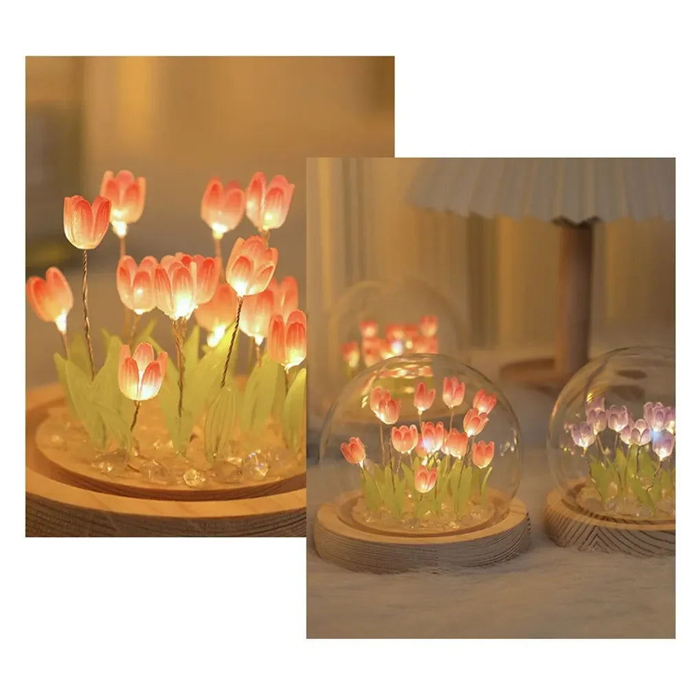 Handmade Artificial Tulip LED Night Light – DIY Transparent Cover Bedside Lamp | Home Decor & Ambient Lighting