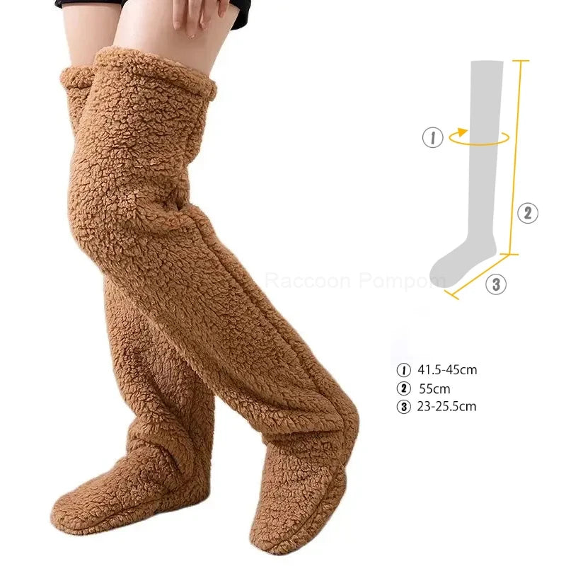 Over Knee Long Winter Socks Thigh High Double-sided Fleece Stockings Socks Solid Color Plush Leg Home Office Warmers