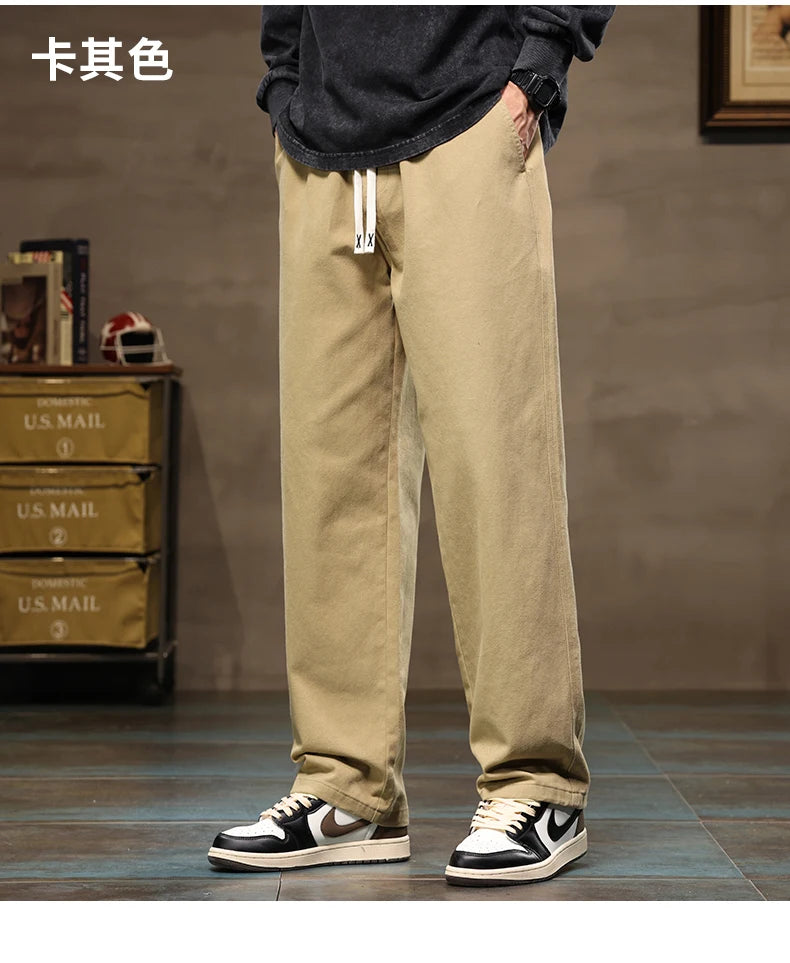 HIQOR Men's Casual Jogger Pants – Loose Straight-Leg Cotton Vintage Cargo Trousers, Solid Color Streetwear
