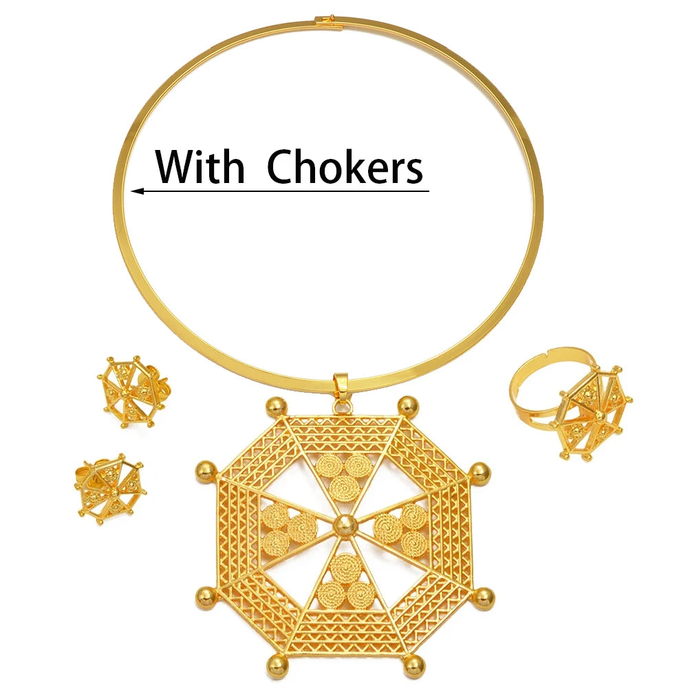 New Ethiopian & Eritrean Jewelry Set – African Ethnic Necklace, Earrings, and Ring for Women & Girls – Wedding or Party Gift