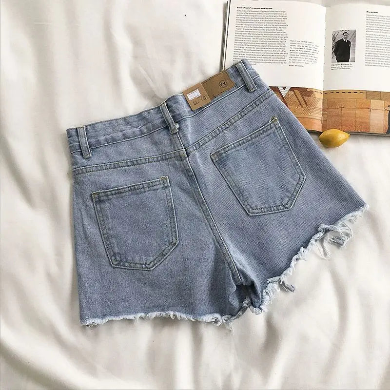 High Waist Denim Shorts Women Summer Pocket Tassel Hole Ripped jeans Short Female Pants