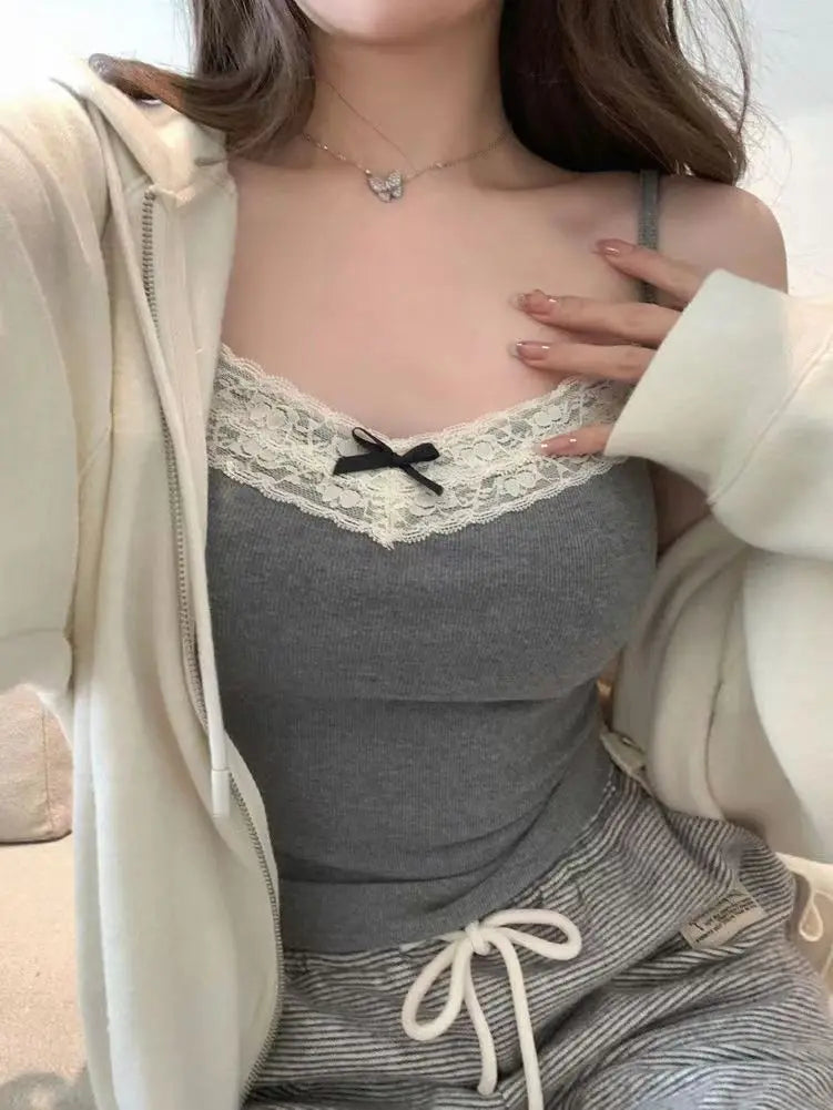 Women Camisole Tank Tops Bow Sleeveless Corset Top with Chest Pad Sweet Lace Patchwork Crop Slim Elegant Lady’s Camis