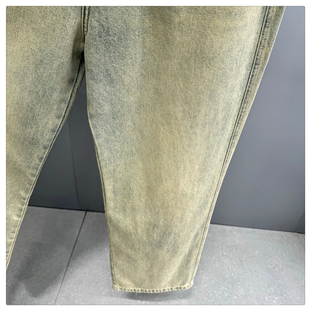 Men's Streetwear Baggy Cargo Jeans – Yellow Mud-Dye Distressed Denim Hip Hop Pants