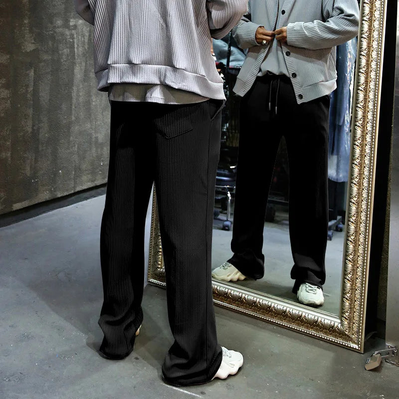 Men's Casual High-Waist Wide-Leg Pants – Loose Fit, Striped, Straight-Leg, Spring & Autumn Style