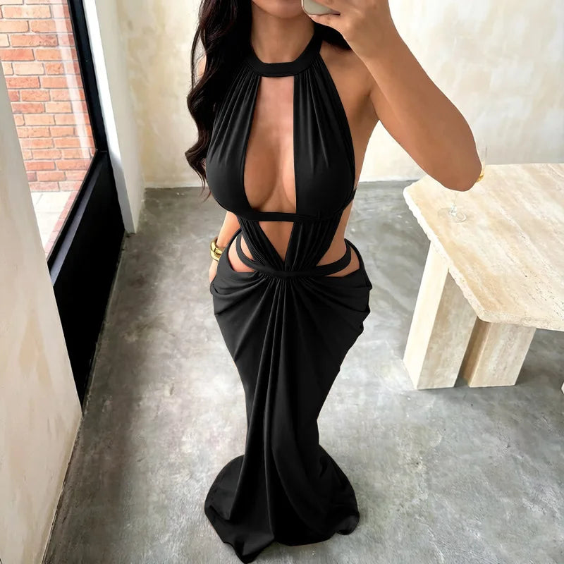 Women's Halter Cut-Out Backless Maxi Dress, Sleeveless Floor-Length