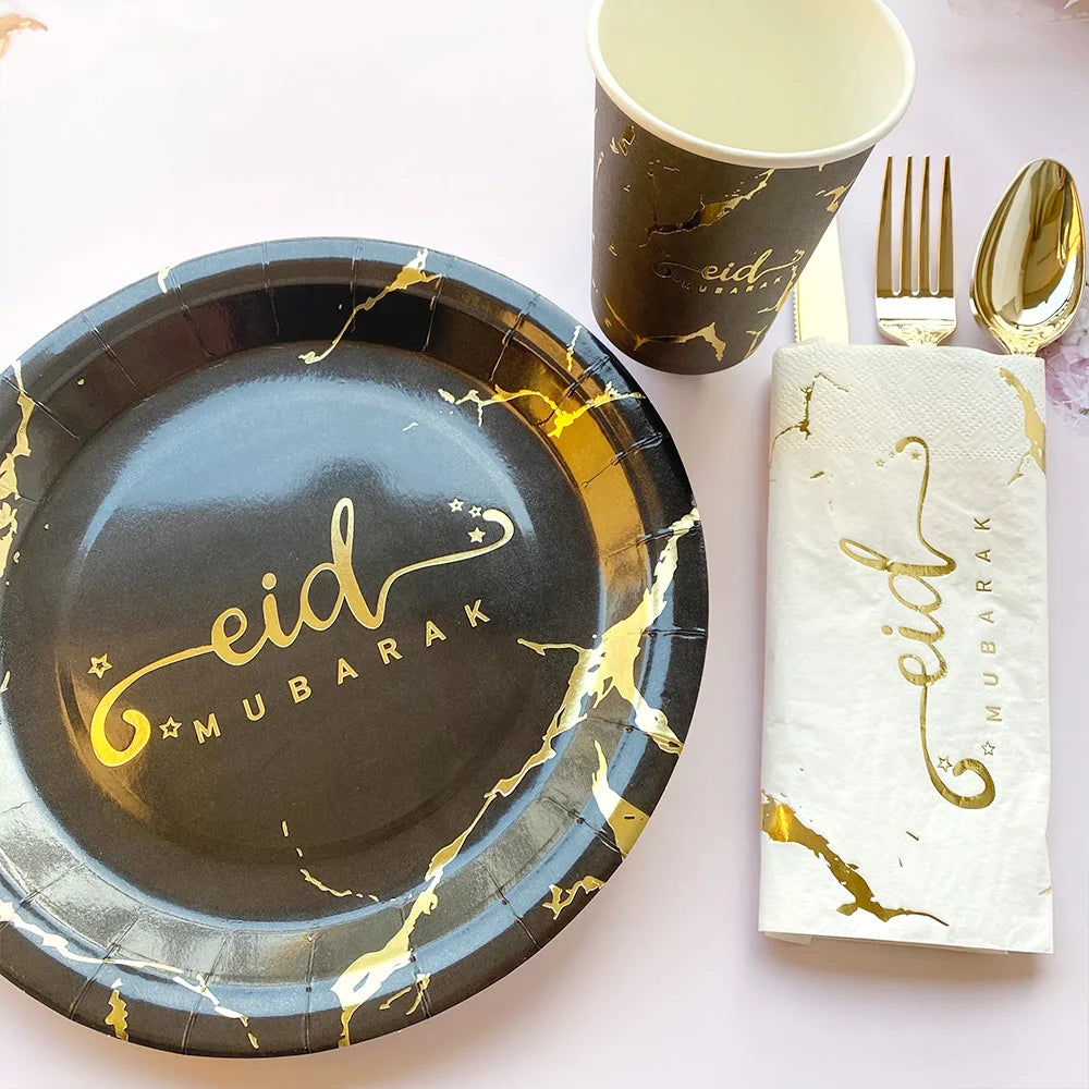Ramadan Decoration 2025 Disposable Tableware Eid Mubarak Paper Plates Cups Ramadan Kareem Decor Islam Muslim Eid al-Fitr Party