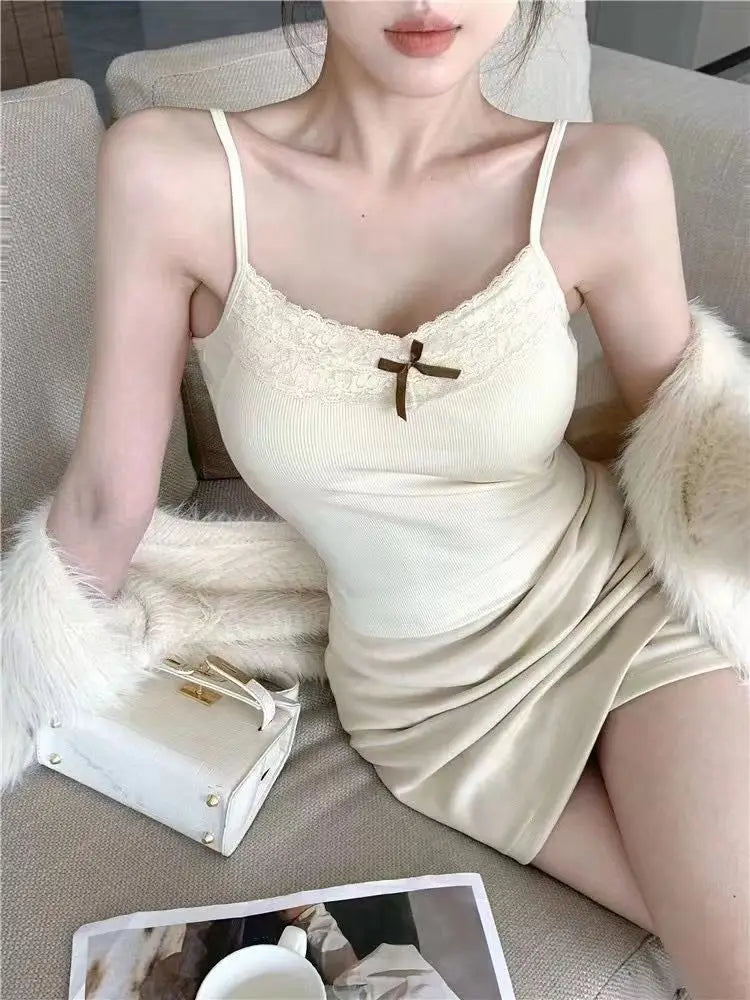 Women Camisole Tank Tops Bow Sleeveless Corset Top with Chest Pad Sweet Lace Patchwork Crop Slim Elegant Lady’s Camis