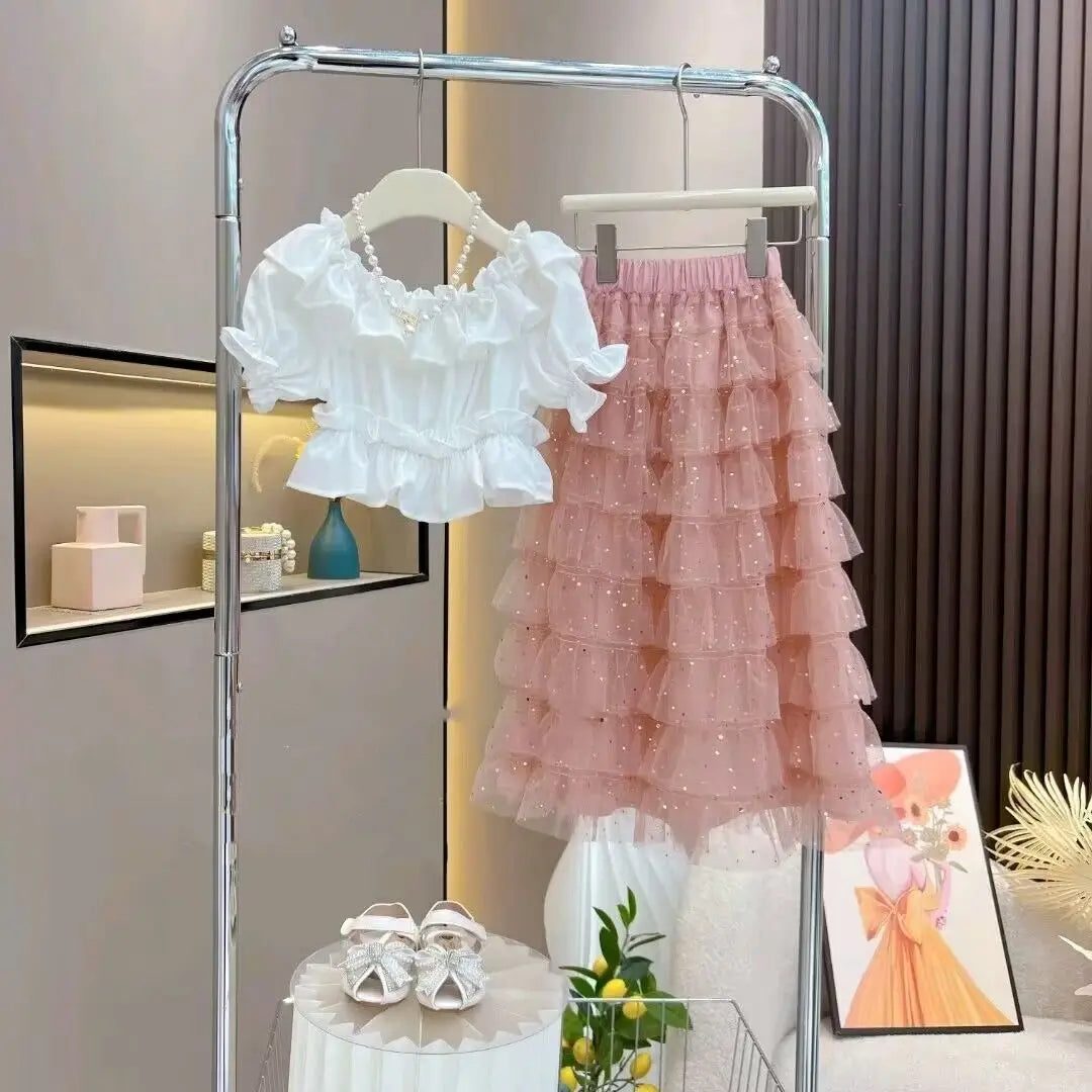 New Teenage Fashion Summer Sets, Baby Girls Ruffles Top+ Mesh Cake Skrits 4-12T